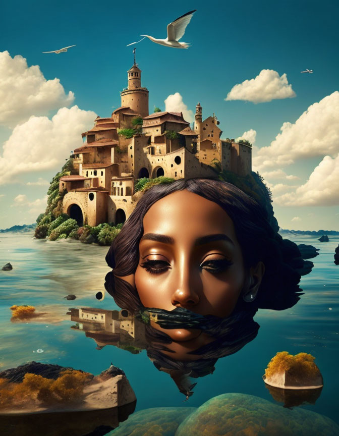 Surreal image: Woman's face in water with castle island