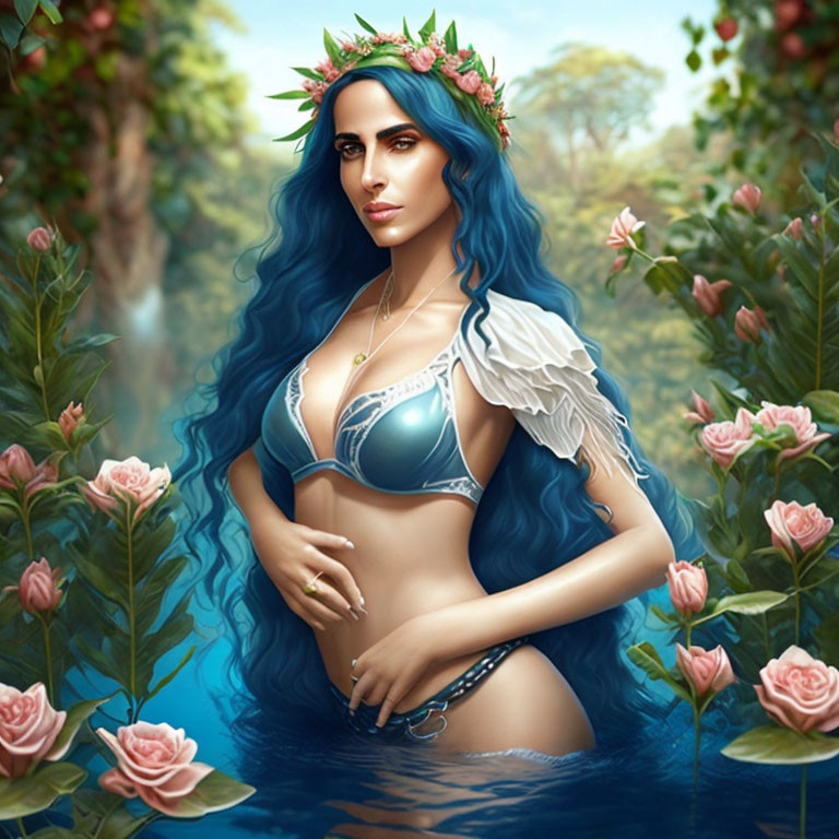 Fantasy illustration: Woman with blue hair, leaf crown, emerging from water amid greenery and pink