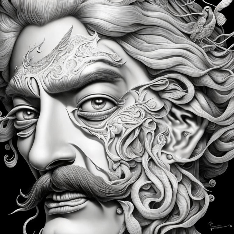 Monochromatic bearded man's face with intricate patterns and bird design