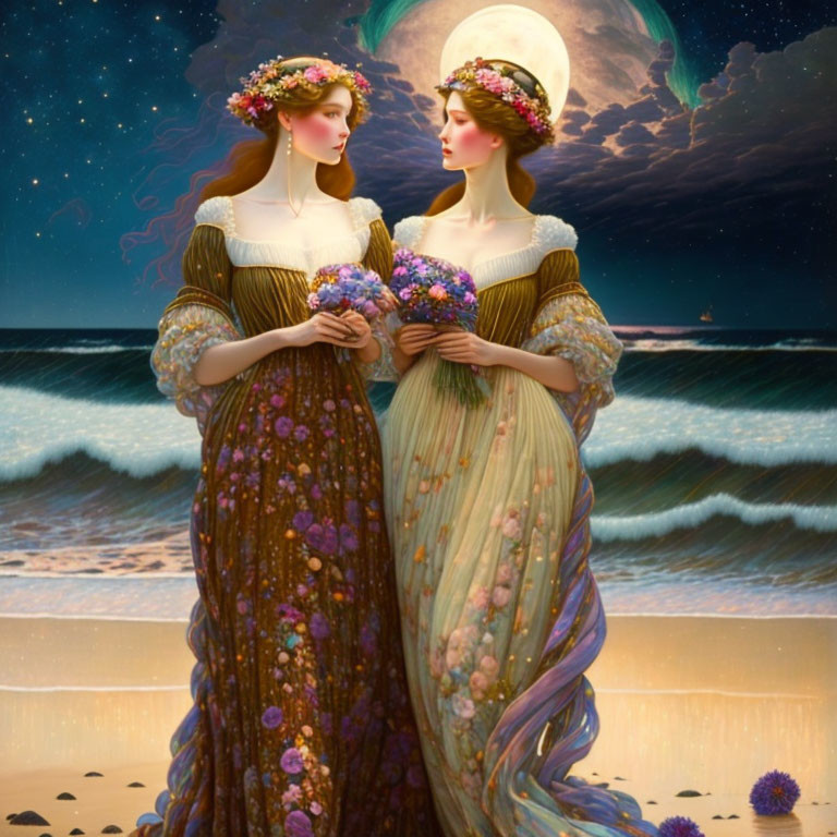 Two women in floral gowns under moonlight by the sea