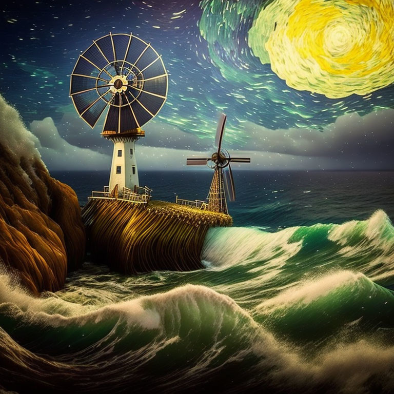 Lighthouse and Windmill Overlooking Turbulent Seas at Starry Night Sky