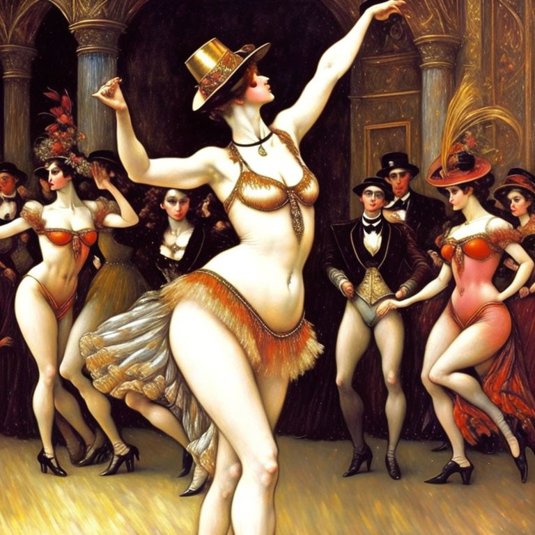 Opulent burlesque scene with female performer and dancers