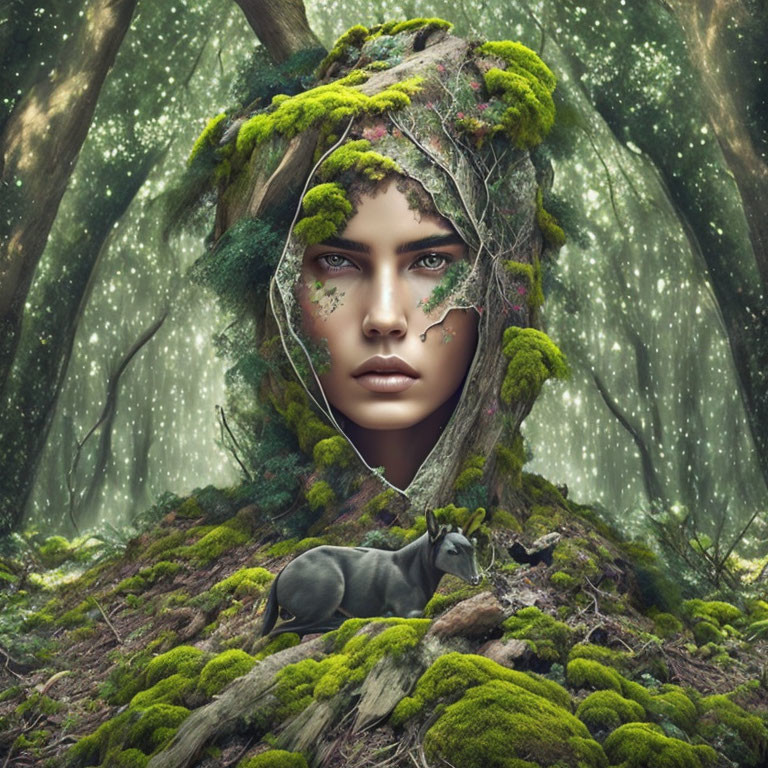 Surreal portrait of woman's face merging with forest landscape and serene bull beneath greenery