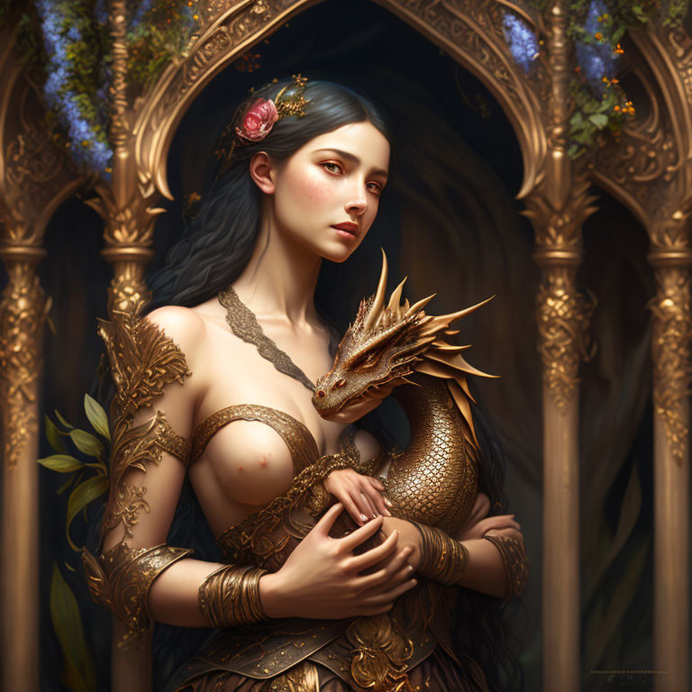 Regal woman with golden dragon in gothic arch backdrop