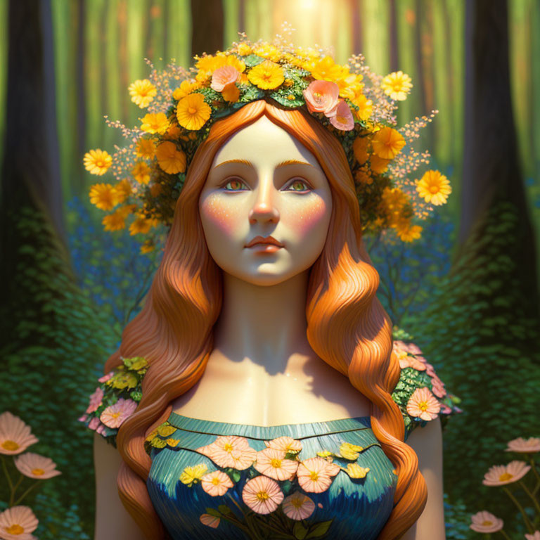 Red-haired woman with floral crown in forest sunlight.