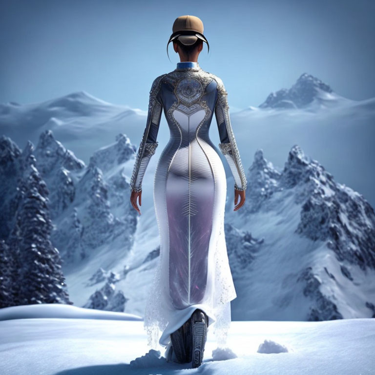 Stylized woman in futuristic gown on snowy mountains with tire tracks