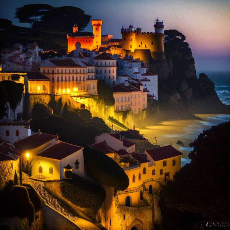 Coastal town night view with illuminated buildings and castle on cliff