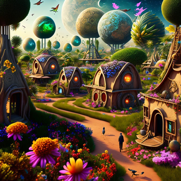 Fantastical landscape with whimsical structures and multiple moons