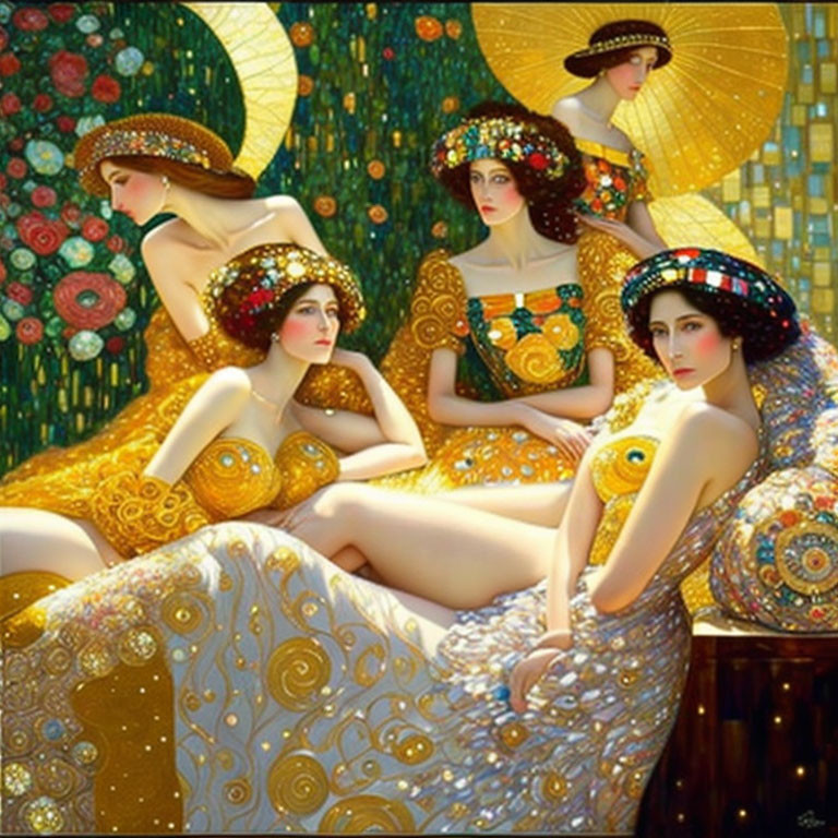 Five Women in Ornate Hats and Golden Dresses: Art Nouveau Style with Floral Patterns