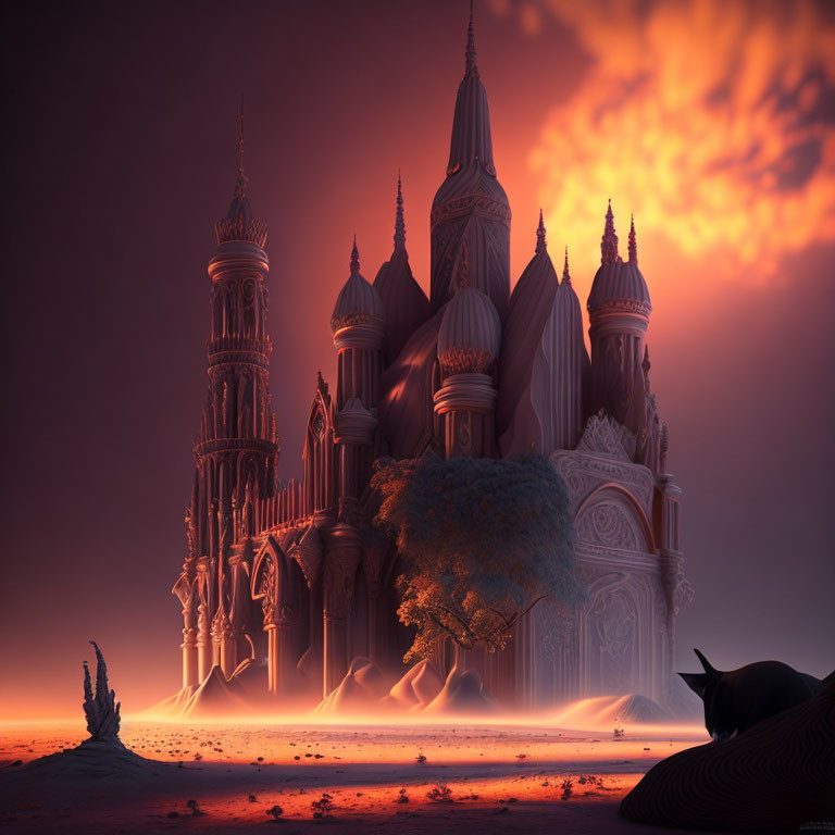 Fantastical castle with spires under dramatic orange sky and tree with reclining bull.