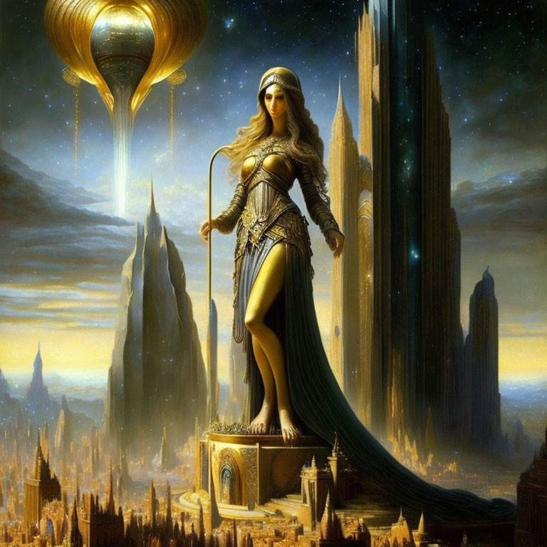 Fantasy queen in gold armor on pedestal with futuristic cityscape.