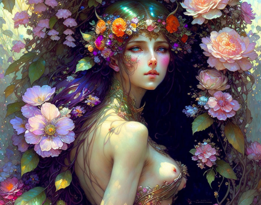 Fantasy portrait of a woman with floral crown and lush flowers