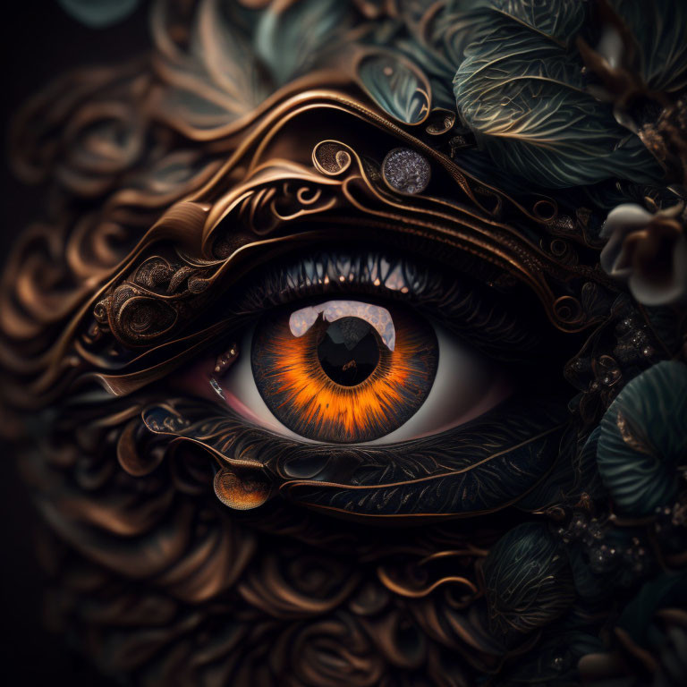 Detailed image of realistic eye with intricate floral patterns in moody ambiance