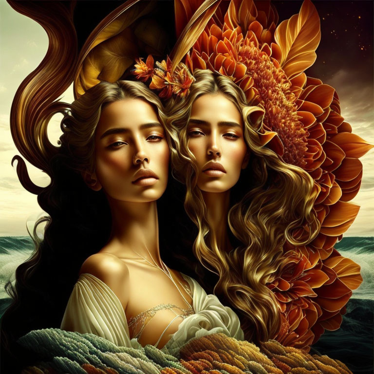 Digital artwork featuring two women with sunflower-like hair in surreal sea and sky background