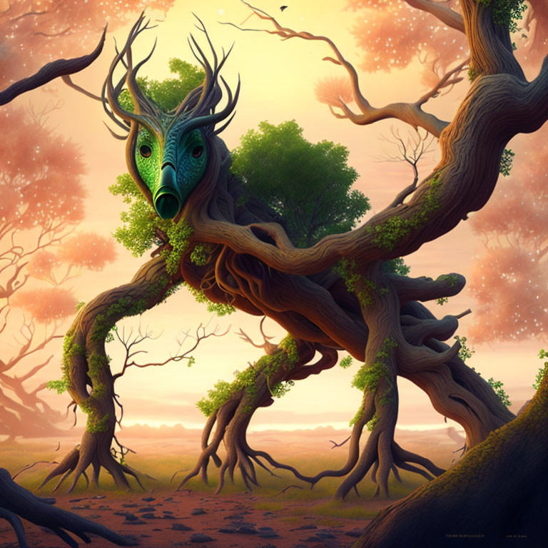 Fantasy illustration of deer-like tree in pink sky forest