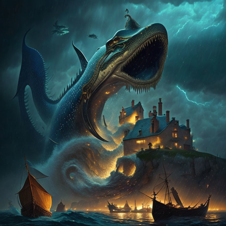 Gigantic sea monster looms over ships and manor in stormy scene