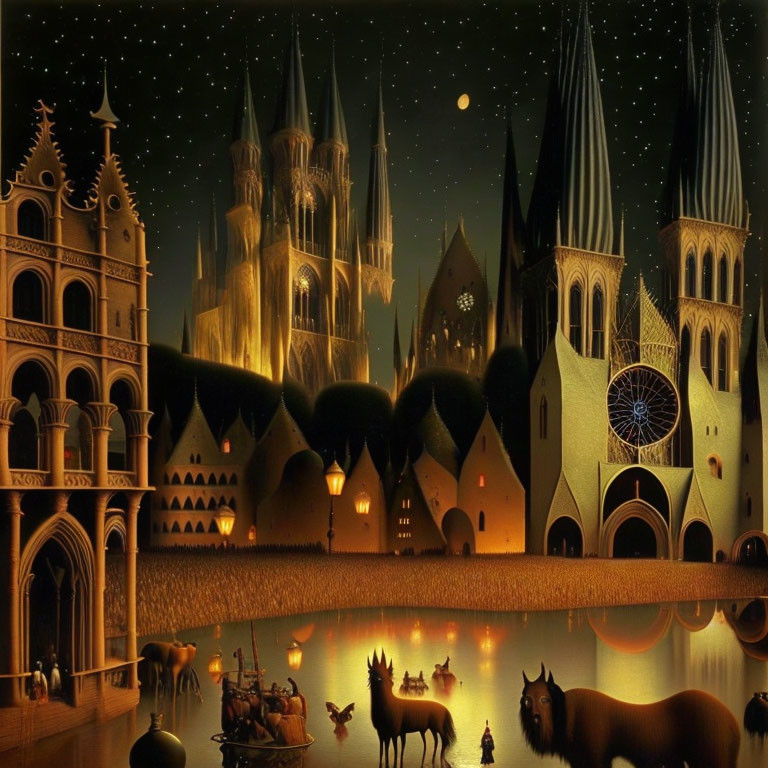 Surreal nightscape with gothic cathedrals, animals, and figures