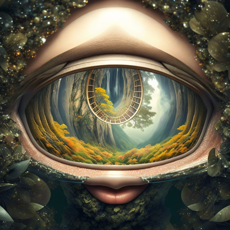 Detailed close-up: surreal landscape reflected in an eye