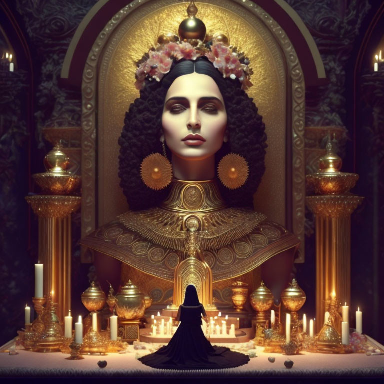 Elaborate golden attire on woman bust with candles & ornate backdrop