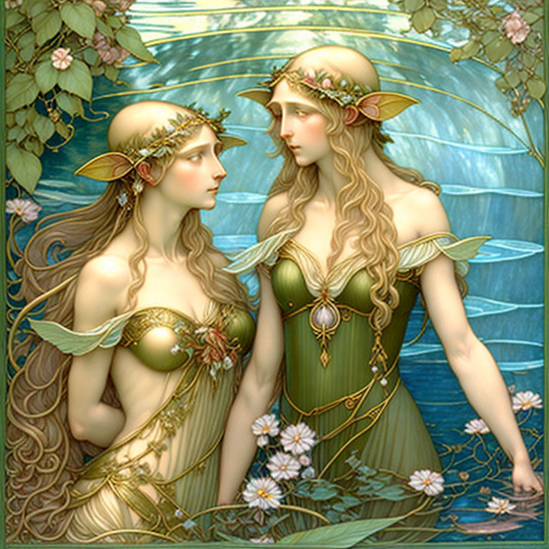 Ethereal women in golden headpieces and green dresses surrounded by water and flowers