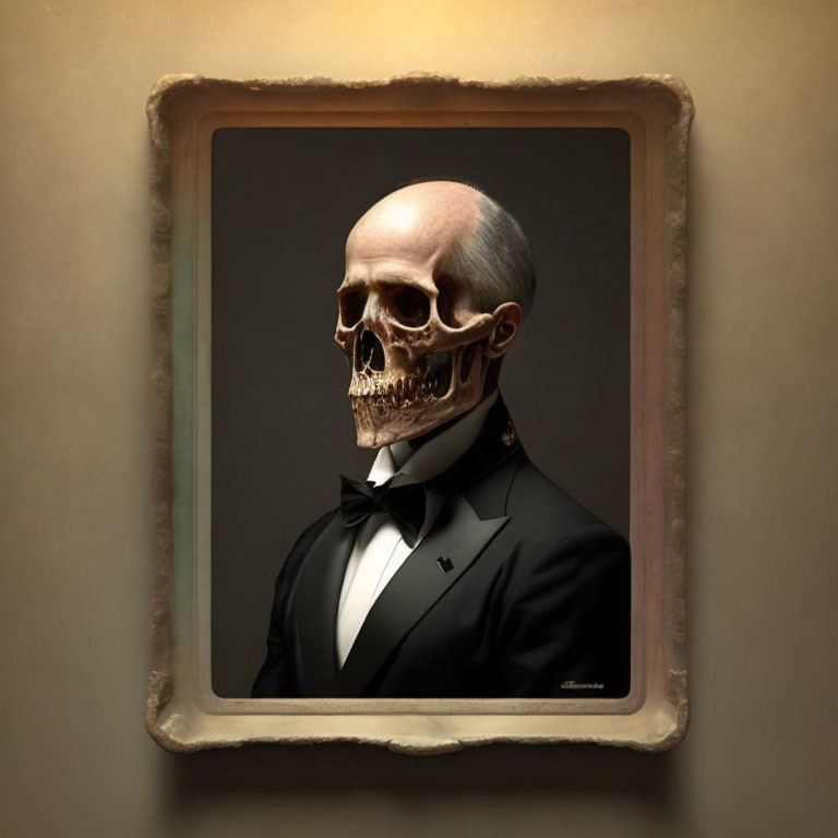 Surreal portrait of a man with skull face, life and death themes