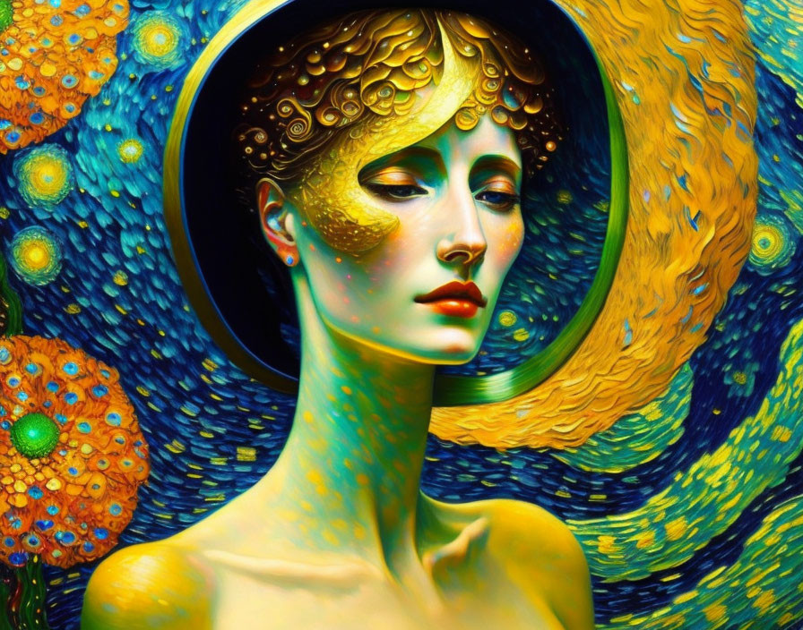 Vividly colored painting of a woman in circular hat on starry background