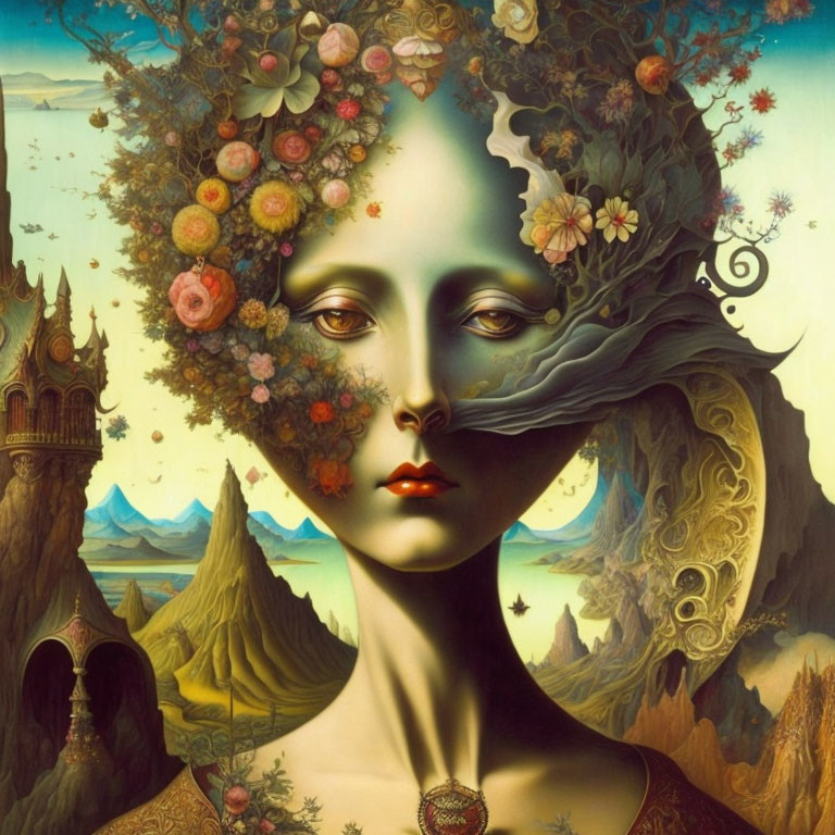 Surrealist portrait blending woman's face with nature and architecture