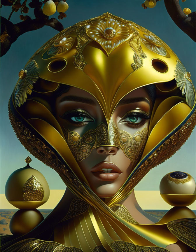 Surreal portrait of a woman with golden headdress and blue eyes