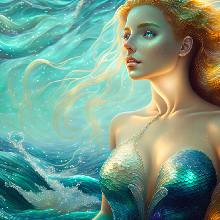 Golden-haired mermaid with blue-green scales in serene ocean scene