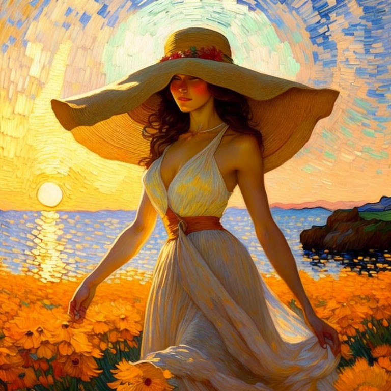 Woman in flowing dress and hat in orange flower field at sunset