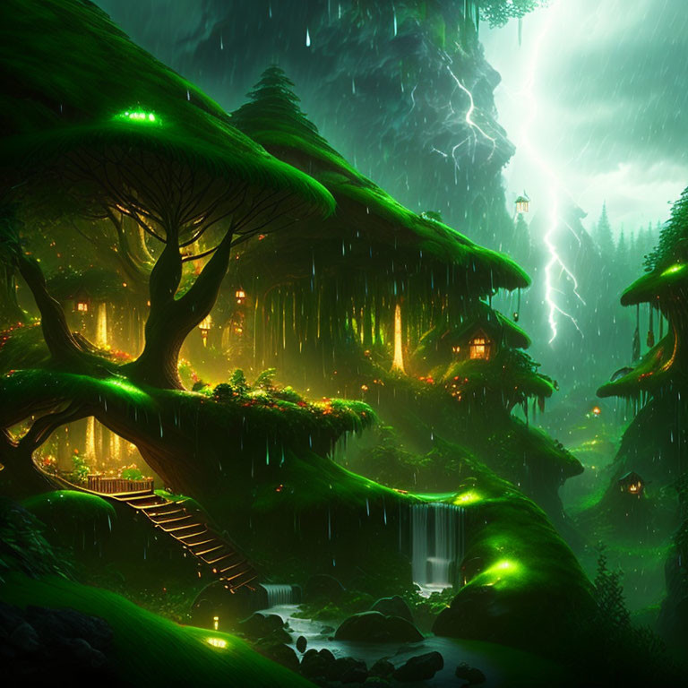 Mystical forest scene with greenery, waterfalls, lanterns, and lightning.