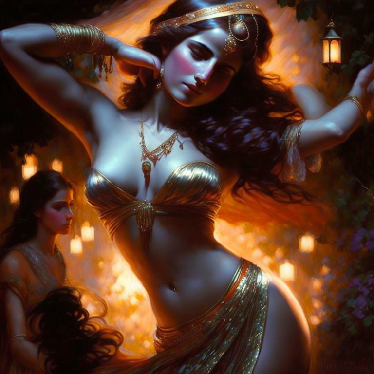 Ethereal woman dances in mystical garden with golden attire