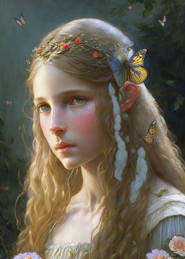 Young girl with braided floral crown and butterflies in contemplative pose