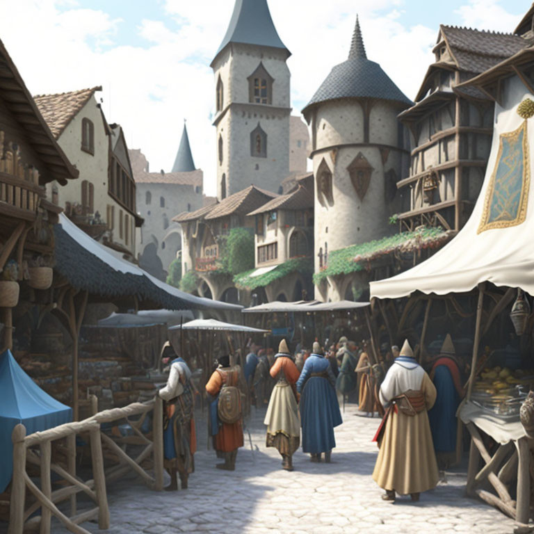 Medieval town scene with people, cobblestone streets, market stalls, stone buildings, and castle