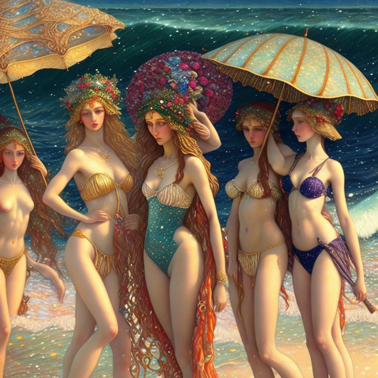 Five mermaids with ornate umbrellas and flower headpieces by the sea