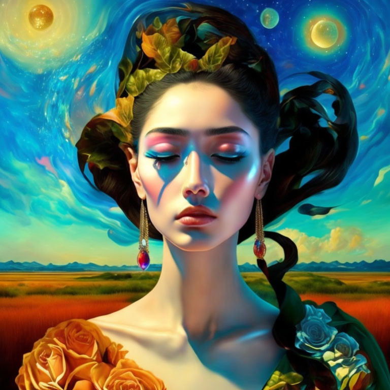 Vibrant surreal portrait of a woman with celestial hair and roses