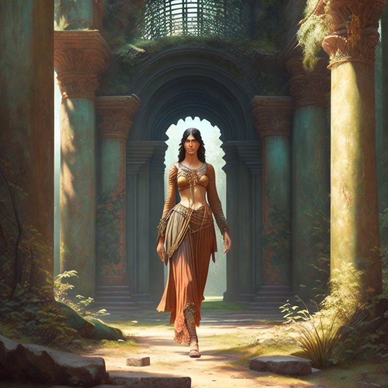 Woman in historical attire in sunlit overgrown ruin