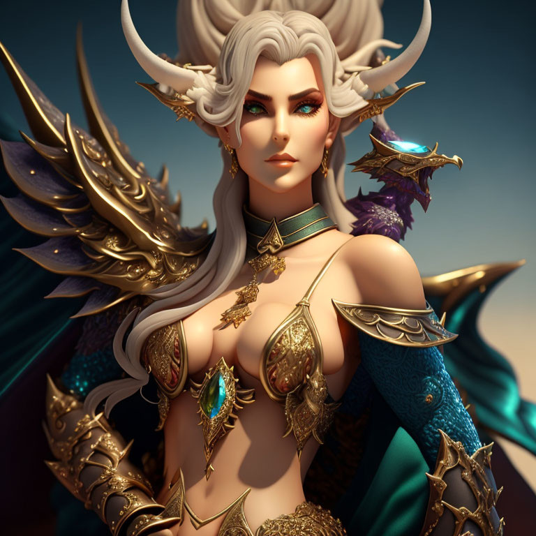 Fantasy female character with white hair, horns, golden & teal armor