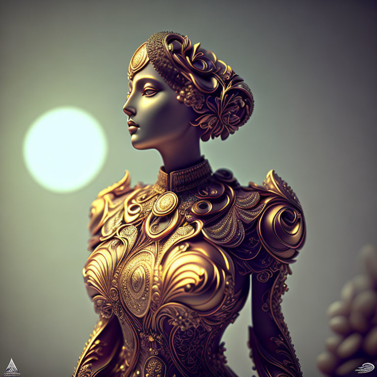 Detailed 3D rendering of female figure in golden armor with classical helmet