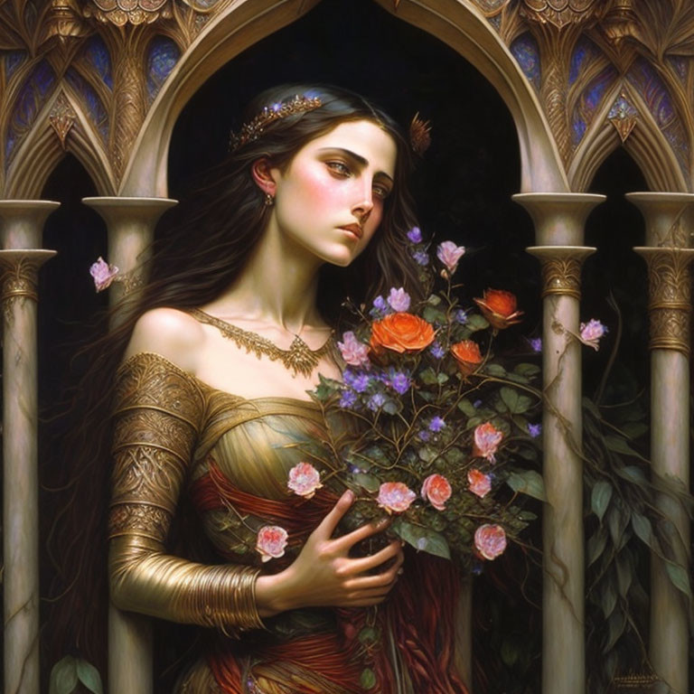 Dark-haired woman in gold crown and medieval dress with roses bouquet against gothic arch.