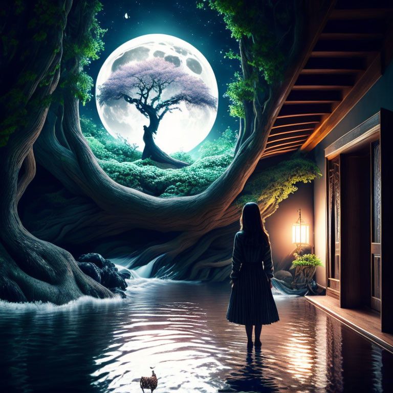 Woman standing by traditional house near serene river, majestic tree, full moon