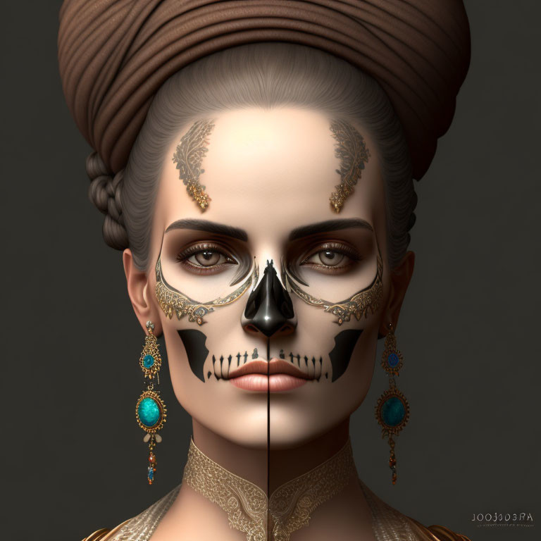 Woman with split-face design: one side normal makeup, other side skull, adorned with elegant accessories