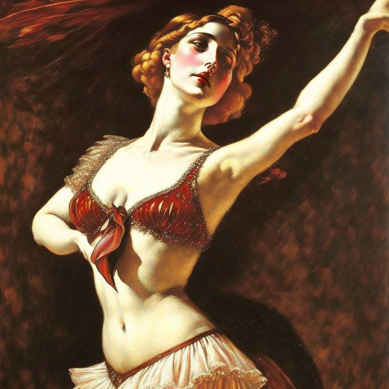 Vintage Illustration of Woman Dancing with Auburn Hair in Red and White Costume