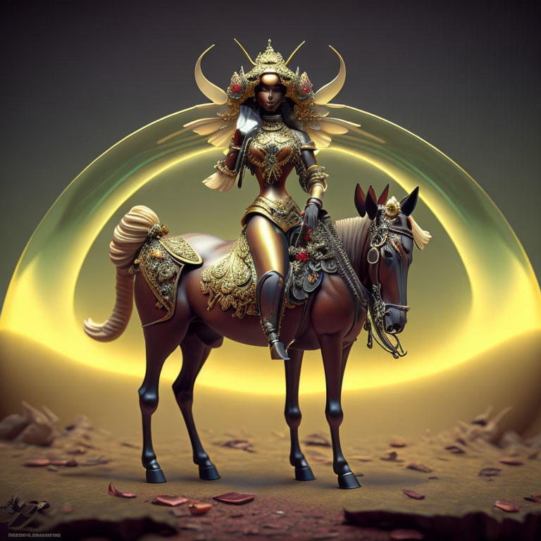 Digital Art: Majestic Armored Woman on Ornate Horse