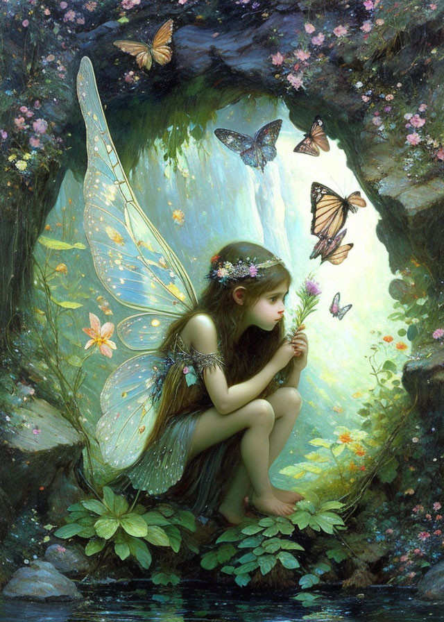 Illustration of fairy with translucent wings on leafy perch surrounded by butterflies and greenery