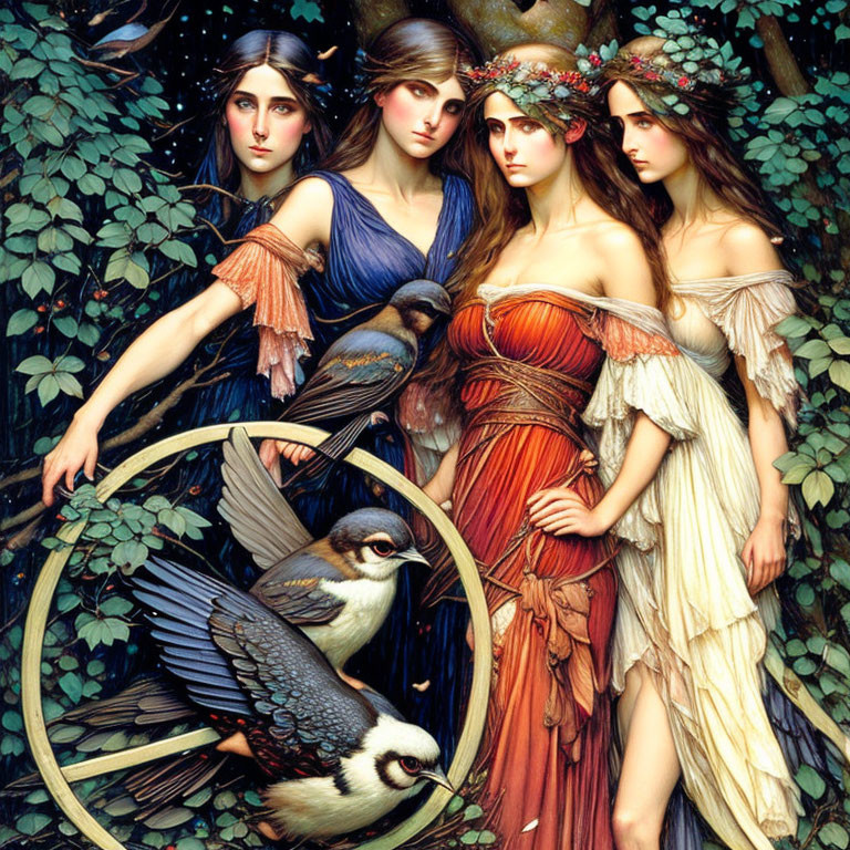 Four women in flowing gowns with birds in lush foliage.