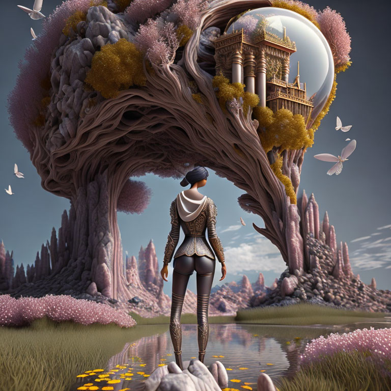 Futuristic armor figure in fantasy landscape with tree archway, orb, butterflies, tower, and