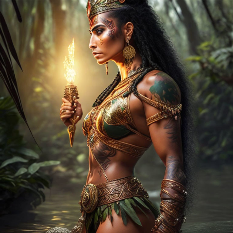 Warrior with body paint and torch in jungle setting wearing golden armor