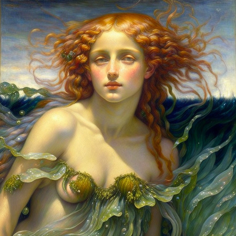 Mystical painting: female figure with red hair and sea-green elements