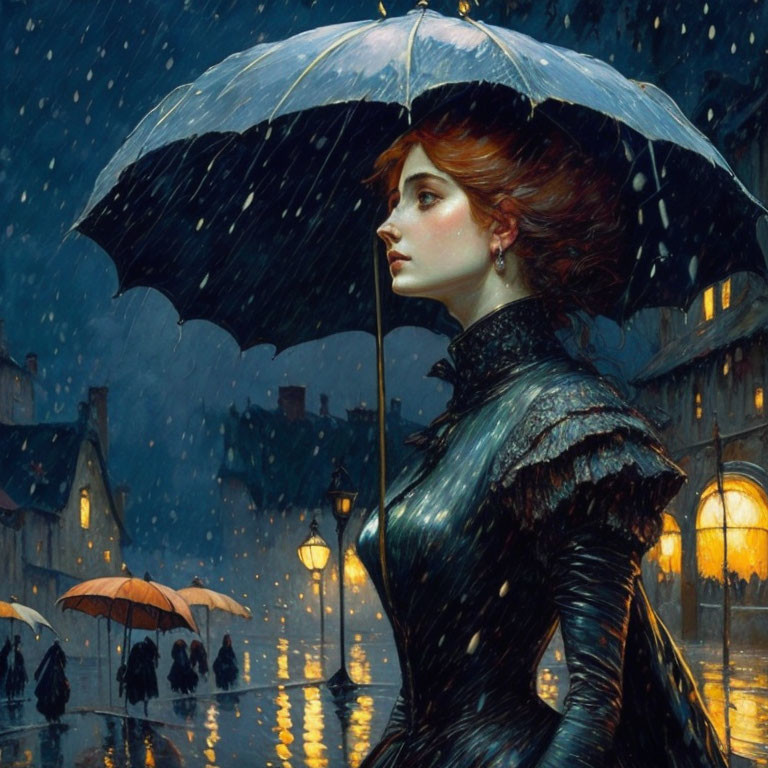 Red-haired woman with umbrella in snowy night scene